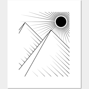 Sun and mountains Line art black Posters and Art